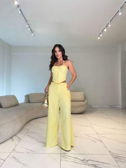 Conjunto feminino cropped estruturado e calça pantalona cintura alta look moderno elegante verão TAM 36 AO 42