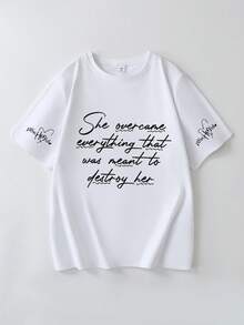 印花短袖休闲夏季T恤，带标语 - 白色 - 查看 2
