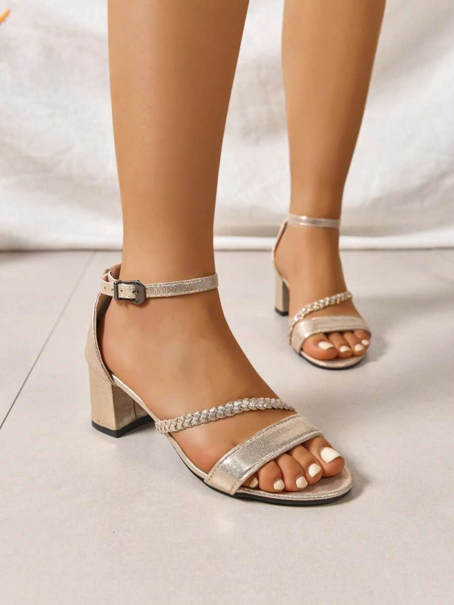 Women's Summer Buckle Thick Heel Open Toe High Heel Sandals, Elegant Fashion Versatile Chunky Heel Increased Height Soft Bottom Breathable Woven Party Office High Heel Sandals - Gold - View 1