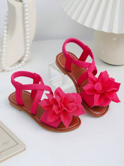 1 Pair Kids/Teens Comfortable PU Fabric Peony Decor Fashion Flat Sandals, Classic Solid Color Design With Elastic Back Strap, Non-Slip Rubber Outsole Slip-On Children Shoes, Suitable For Princess Dresses And Sundresses, Ideal For Girls Aged 3-16 For Daily Wear, Birthday Party, Holiday, Beach, Spring/Summer 2026 New Arrival