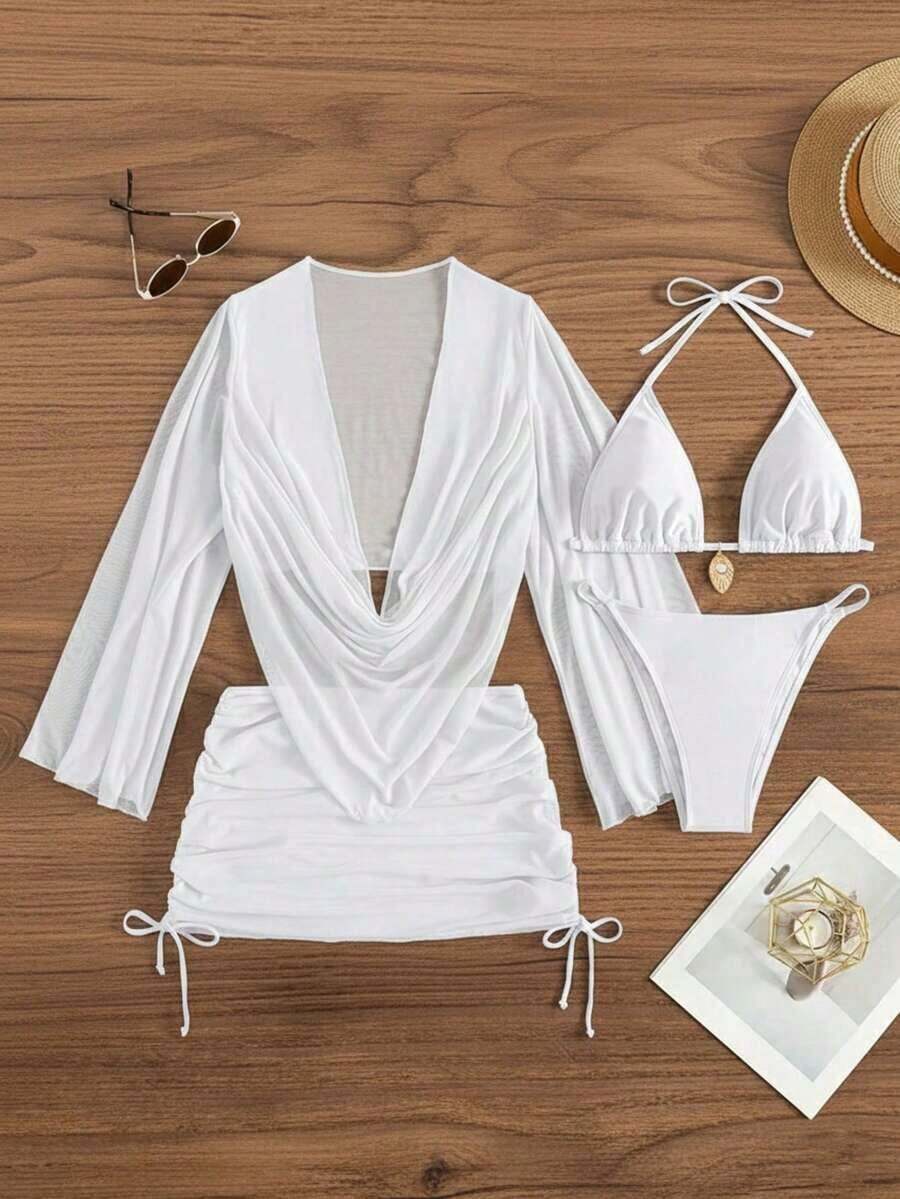 4pcs Sexy Solid Color Bikini Set With Sheer Cover-Up, Suitable For Vacation, Beach Party, Also Ideal For New Year And Valentine's Day, Exuding Elegance And Avant-Garde, Perfect Choice For Casual Women In Spring/Summer - 綠色 - 查看 1