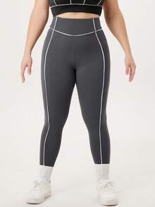 NcmRyu 1pc Women's High Waist Elastic Contrast Stripe Slim Fit Plus Size Sports Pants, Suitable For Spring & Autumn - Grey - View 2