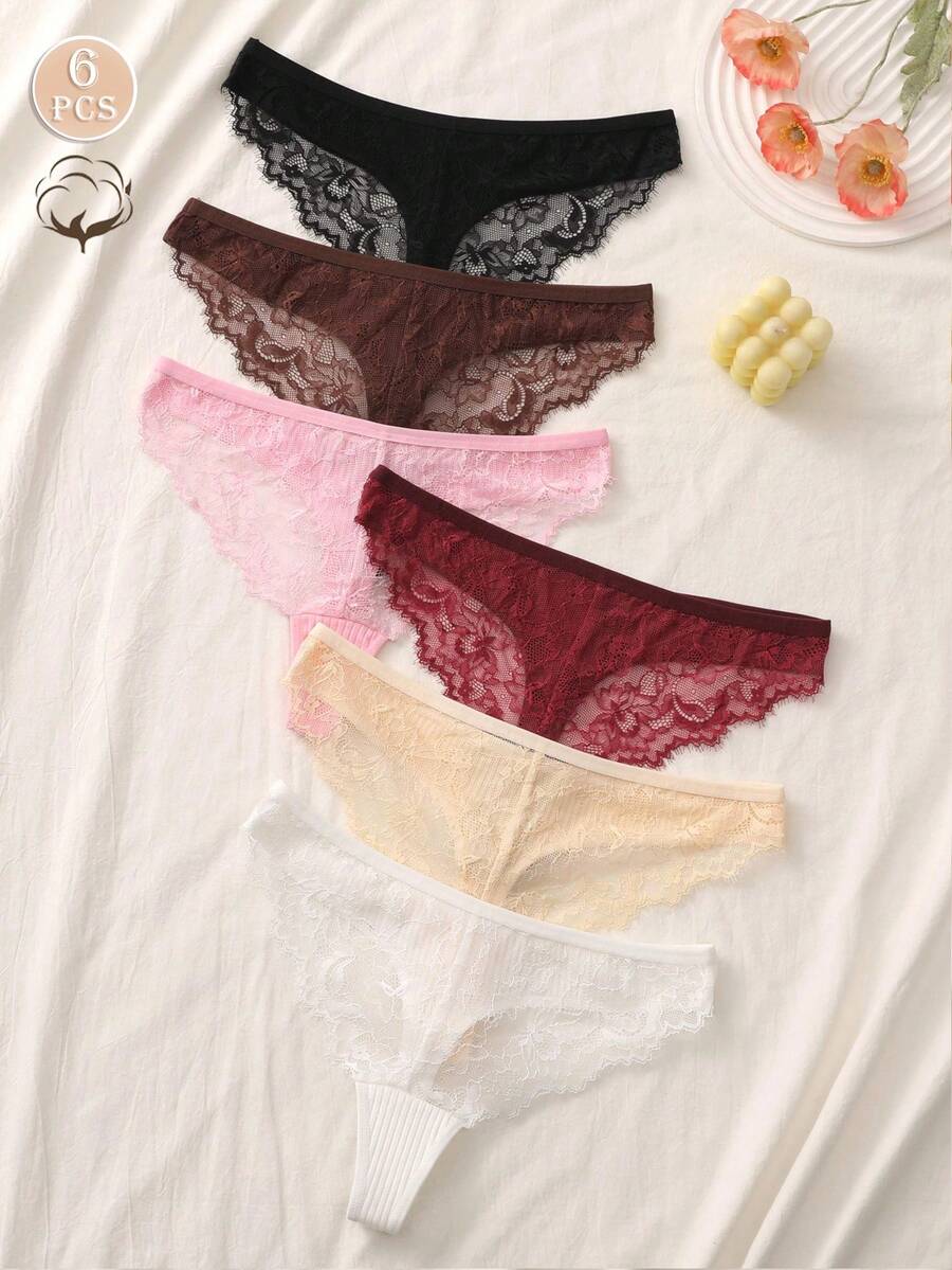 6 Pcs Lace Patchwork Ribbed Fabric Cotton Thong Panties Lingerie Woman