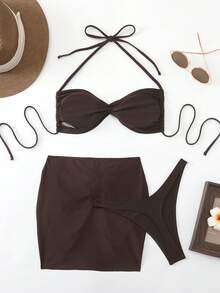 Bộ bikini nữ màu nâu đậm trơn, gợi cảm, có dây buộc phía sau, thích hợp cho kỳ nghỉ biển. - màu nâu - Xem 2