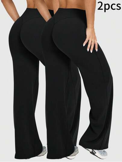 2pcs Women's Solid Color Wide Leg Yoga Pants - Comfortable, Slim-Fit, Multipurpose For Running, Fitness, Yoga And Other Activities