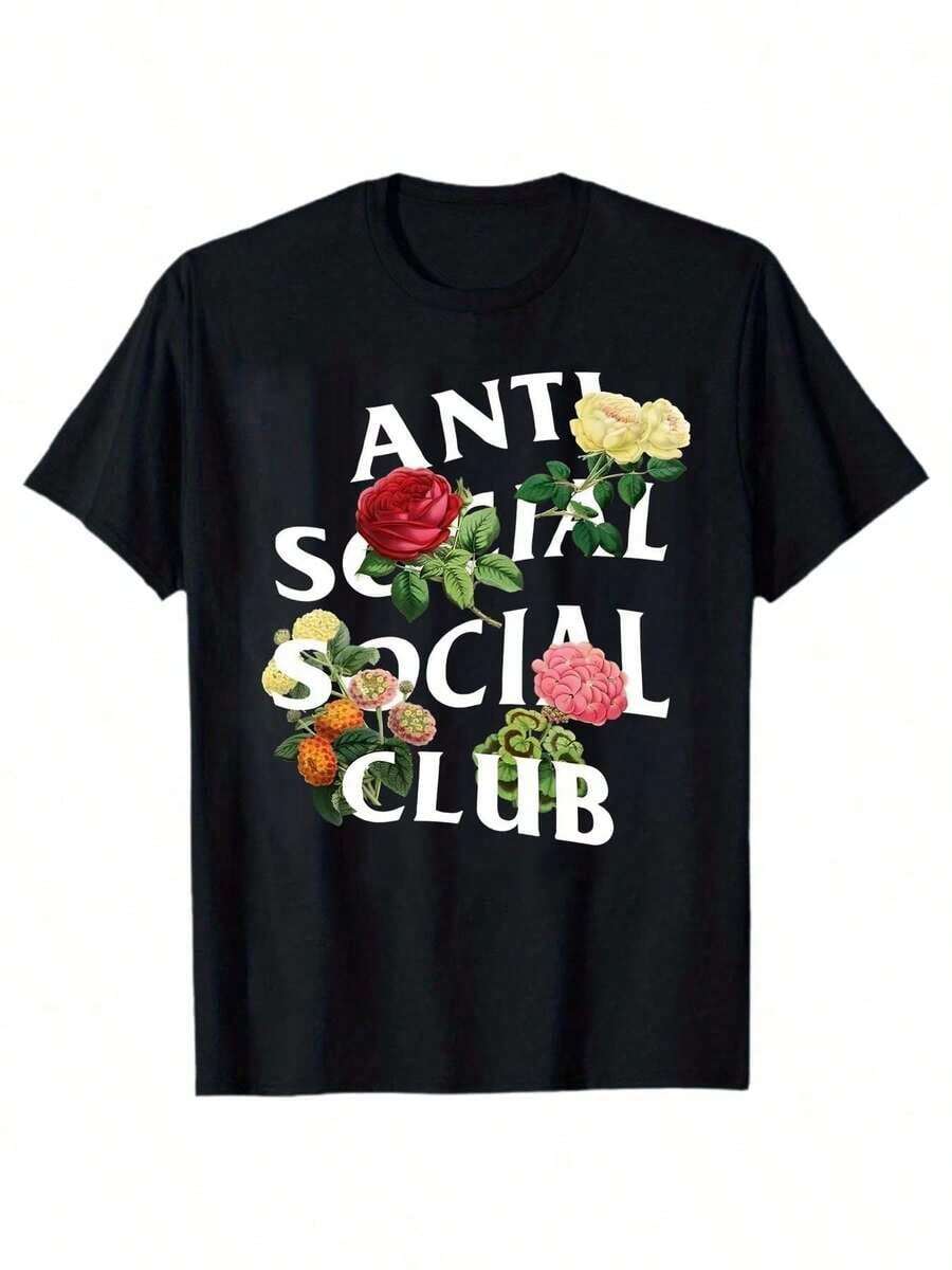 Anti-Social Club Men's Summer Cotton Comfort Lightweight Pure Natural Position Printing Unique Pattern Design Suited For Casual Outdoor Sports, Fitness, And Gift Giving - 黑色 - 查看 1