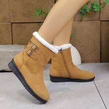 Women's Mid-Calf Snow Boots, Thick Fleece Lining, Wedge Heel, Warm & Soft Material, Side Zipper, Round Toe, Versatile Winter Outdoor Boots (Shoe Mouth And Foot Length Run Small By 1 Size) - 駝色 - 查看 6