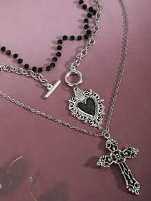3件套哥特复古朋克风黑色爱心、黑色串珠、十字架吊坠项链套装，女士礼物，Y2K风格项链，情人节礼物 - 黑色 - 查看 6