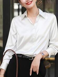 女士优雅通勤缎面简约纯色仿丝长袖衬衫 - 白色 - 查看 4