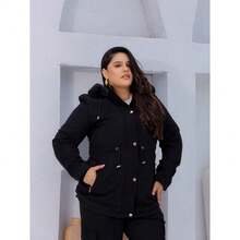 Women's Parka Jacket, Overcoat, Twill Fabric, Removable Hood, Fleece Lined, Sizes M To G4, Casual And Stylish, Pockets, Zipper, Buttons On The Front, Daily Wear, Cold Weather, Winter - màu đen - Xem 5