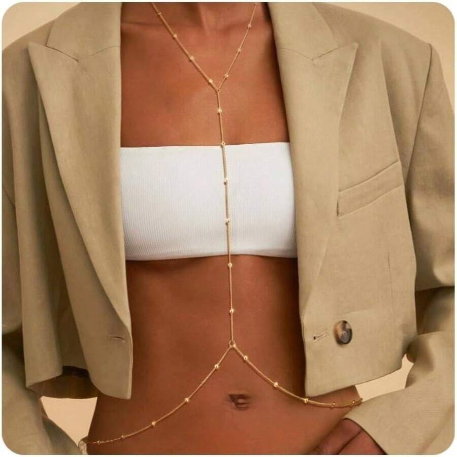 14K Gold Body Chain Jewellery Women, Layered Bikini Bra Beach Adjustable Belly Waist Chain, Beach Body Acessories Women - chuỗi cơ thể-2 - Xem 1