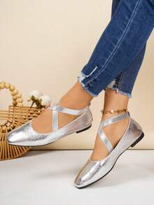 Women's Champagne Gold Metallic Pointed Toe Ballet Shoes With Criss-Cross Strap Mary Jane Slip-On Shoes, Commute & Date Wear, Non-Slip Soft Bottom Low Heel 1.3cm - Silver - View 5