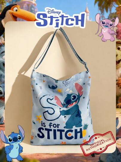  1 Pc Disney Officially Licensed Stitch Pattern Men's Tote Bag Lightweight Shopping Bag High-Capacity Adjustable Shoulder Strap Shoulder Bag Canvas Handbag, For Men/Boy/Stduents/Teen Perfect For Daily/Shopping/Going Out