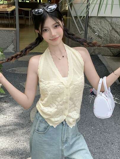 女士图案镂空纽扣针织背心