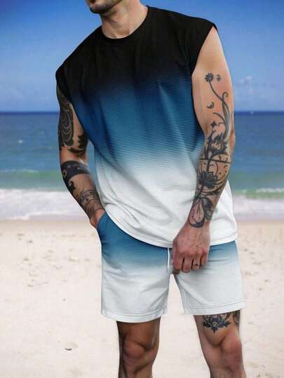 男士简约时尚无袖背心和短裤套装，适合夏季