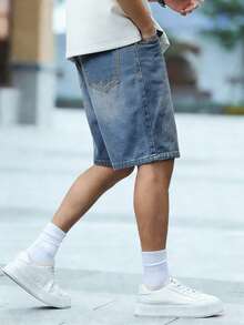青少年男孩时尚休闲浅蓝色牛仔短裤 - 藍色 - 查看 4