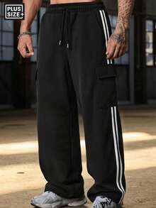Plus Size Men's Sports Pants, Plus Size Casual Sweatpants, Fashion Jumpsuit Suitable For Daily Fitness, Running, Basketball, Everyday Wear, Great Gift For Valentine's Day, Father's Day - 黑色 - 查看 1