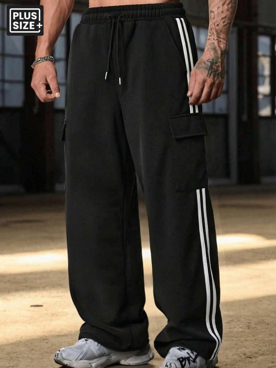 Plus Size Men's Sports Pants, Plus Size Casual Sweatpants, Fashion Jumpsuit Suitable For Daily Fitness, Running, Basketball, Everyday Wear, Great Gift For Valentine's Day, Father's Day - 黑色 - 查看 1