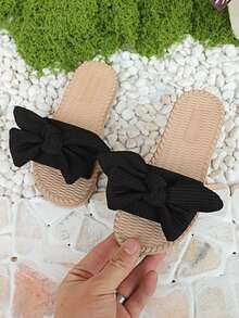 1双女士黑色蝴蝶结装饰布艺平底拖鞋，高弹透气减震防滑耐磨圆头简约时尚沙滩风泡沫拖鞋，适合3-15岁女孩日常、居家、旅行、派对穿着，2026春夏新款泡沫拖鞋 - 黑色 - 查看 6