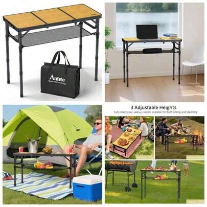 3ft Camping Table Foldable With Storage Net And Bag, 3 Adjustable Heights High 27.5 Inch Aluminum Camping Table, Portable, Outdoor Indoor Backyard Bbq Cooking Party Picnic Beach, Yellow