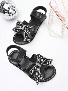 Girls' Princess Sandals, 2025 New Summer Black Bow Knot, Rhinestone & Pearl Open Toe, Hook And Loop Soft Bottom - Black - View 4