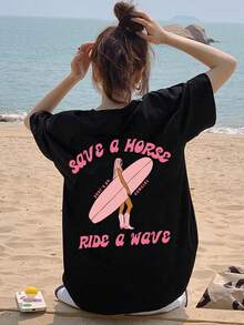 少女复古印花宽松T恤 - 冲浪女孩印花，拯救骏马，乘风破浪，休闲夏季派对返校上衣 - 黑色 - 查看 1