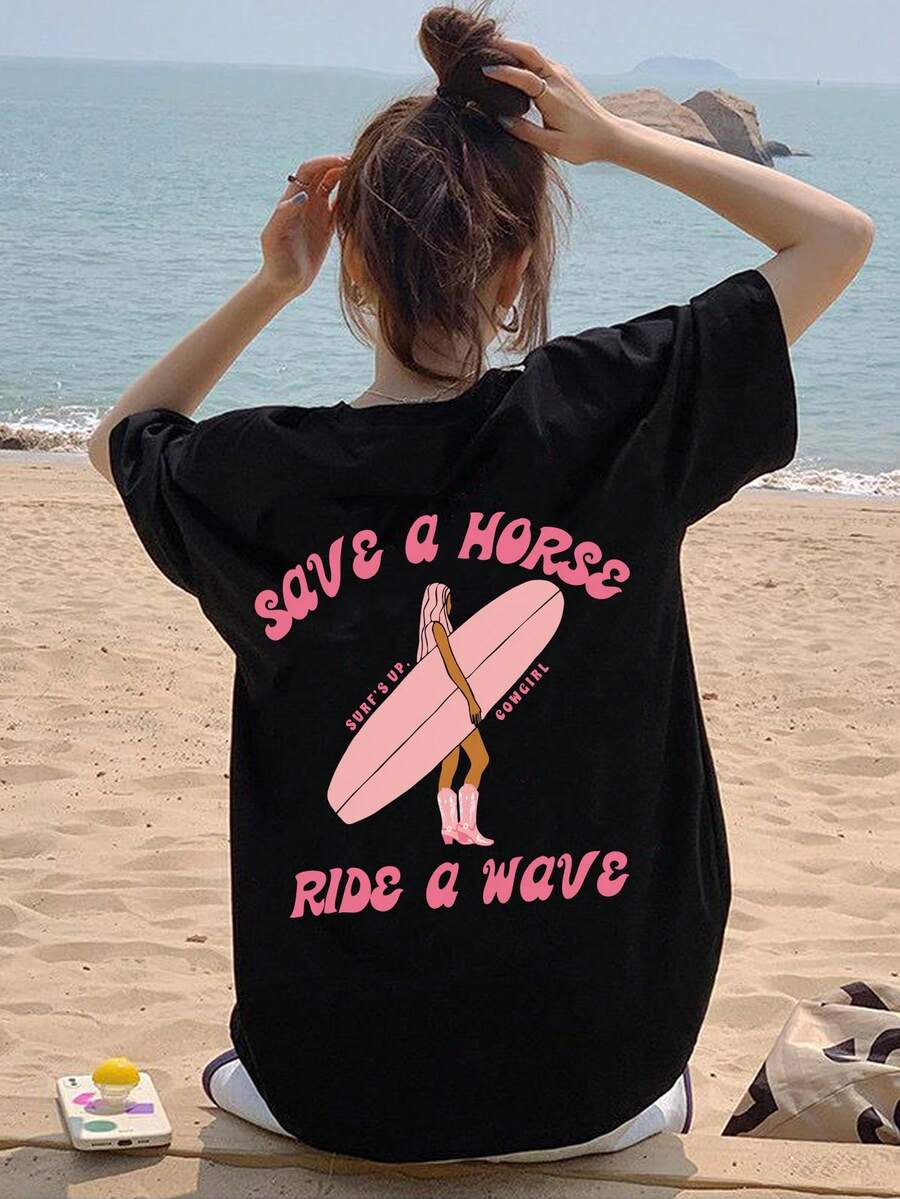 少女复古印花宽松T恤 - 冲浪女孩印花，拯救骏马，乘风破浪，休闲夏季派对返校上衣 - 黑色 - 查看 1