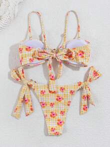 wohenmeili Bộ đồ bơi bikini họa tiết hoa và kẻ caro gợi cảm đi biển mùa hè dành cho nữ - Nền vàng - Xem 11