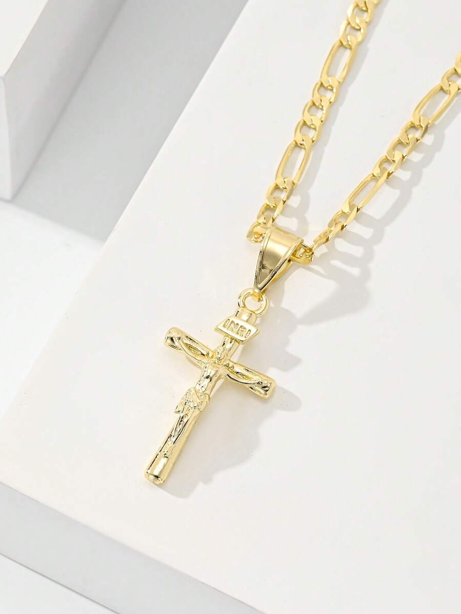 1pc Classic European Style Copper Jesus Cross Pendant Necklace, Limited Edition "Light Of Protection", Suitable As Gift For Christmas, Thanksgiving, Halloween, Mother's Day, Valentine's Day, Friends, Believers, First Holy Communion, Daily Wear And Prayer - Yellow Gold - View 1