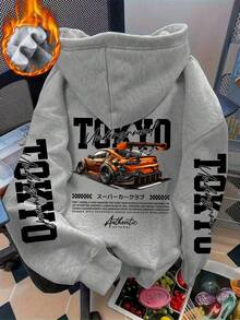 Women's Winter Letter & Race Car Graphic Print Drawstring Hooded Sweatshirt With Pockets, Casual Loose Multifunctional Style, Suitable For Autumn/Winter Everyday Wear - Dark Gray - View 3