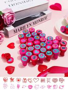 6pcs Valentine's Day Stamp Set, Made Of Vibrant Plastic Material, Includes 20 Different Patterns. Stamp Designs Include Hearts, Butterflies, LOVE Letters, Roses, Kisses, Etc. Suitable For Valentine's Day, Valentine's Party Favor Bags, Prizes, Christmas Stocking Stuffers, And Party Favors (Valentine's Theme) - Multicolor - View 2
