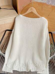 Áo len dệt kim dài tay cổ tròn thanh lịch dành cho nữ cỡ lớn, kiểu dáng khoét lỗ thời trang, màu trắng mùa thu hè. - trắng - Xem 5