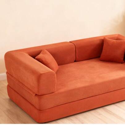 Sofa Bed - Convertible With Corduroy Cylindrical Pillows, Folding Mattress, Sofa With Fixed Frame For Living Room, Bedroom, Relaxation Room (Orange Red)
