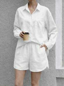 Kliou Fashion Women's Casual Linen Shirt And Shorts Set With Pockets For Everyday Wear - 白色 - 查看 4
