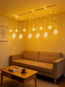 1PC Star‑Moon Curtain Lights,138LED 2.5*0.8M,2M Lead Wire,USB 5V Powered 8 Lighting Modes,LED String Light For Window Bedroom Wedding Party Holiday Home Decor Ornament - Yellow - View 4