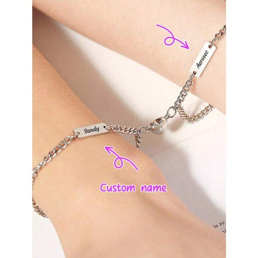 2pcs Custom Name Minimalist Magnetic Heart Shaped Couple Bracelet Set Matching Bracelets, Fashionable Stainless Steel Heart Shaped Magnetic Simpie Couple Bracelet, Ideal Holiday Gift, Valentine's Day Gifts - Multicolor - View 1