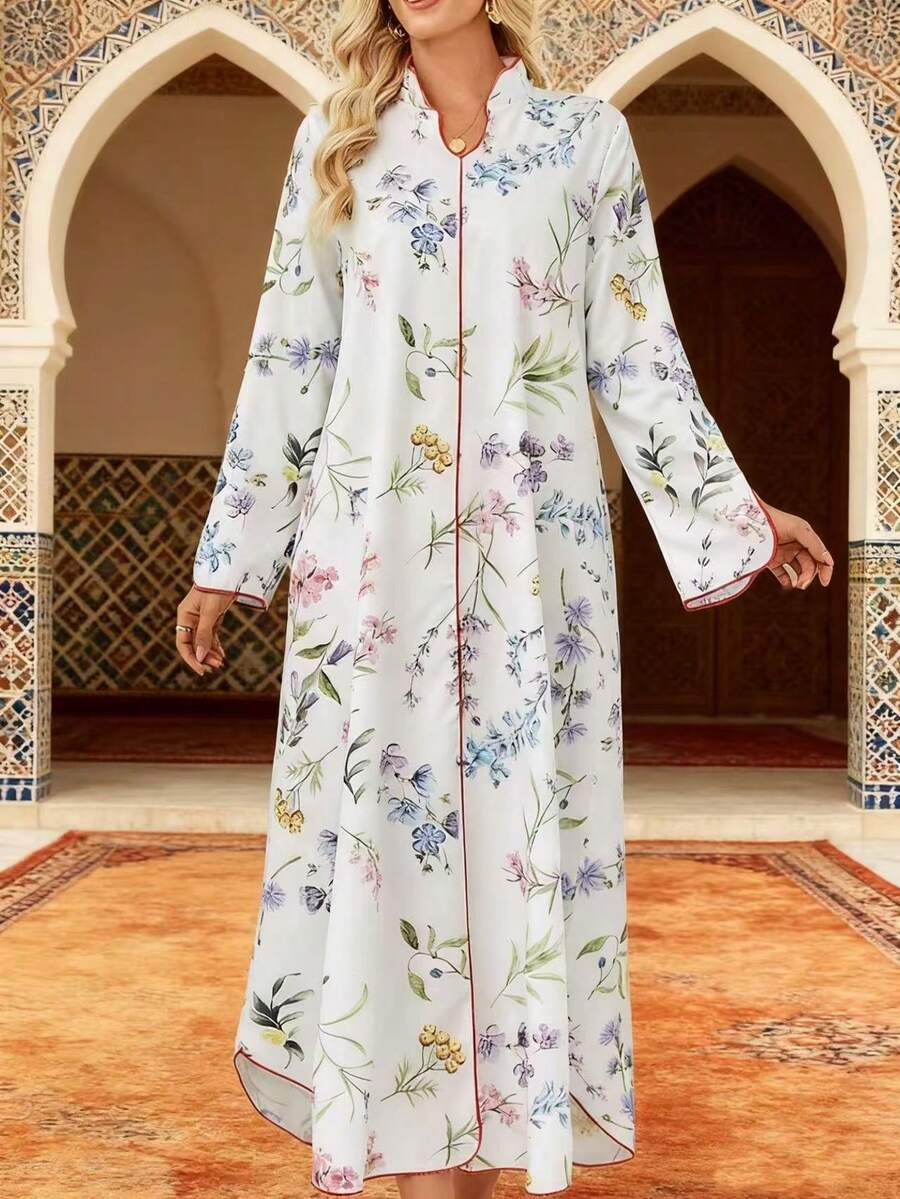 Women's Floral Allover Print Long Sleeve Abaya Modest Dress, Kaftan, Elegant Dresses For Women - Apricot - View 1