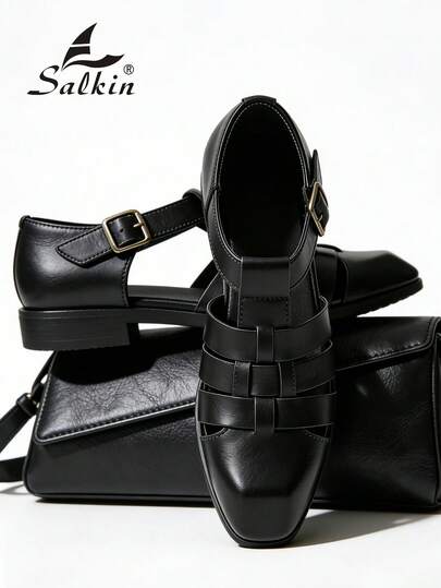 Salkin 新款复古罗马风格男士凉鞋，镂空系带一脚蹬，舒适透气纯色鞋面，加大码男鞋，品牌品质实惠防滑橡胶厚底，适合中年、青年、学生、聚会、度假、夏季休闲散步，尺码偏大，请选择小一码