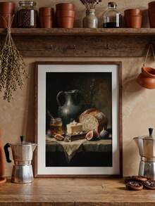 1张复古食物海报，暗黑学院风印刷品，暗黑美学，无框无花果墙饰，古董油画，面包黄油图案 - 彩色 - 查看 1