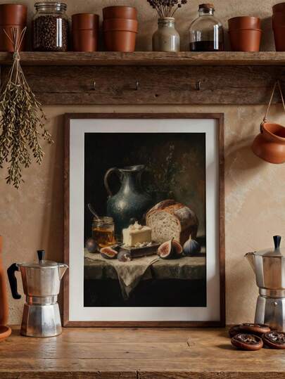 1幅忧郁静物版画，复古食物海报，暗黑学院风版画，暗黑美学，无花果墙饰，古董油画，面包黄油版画，无框