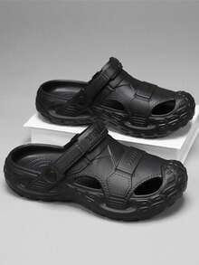 Men's Thick Sole Elevated Wear-Resistant EVA One-Piece Comfortable Slide Sandals, Solid Color Slip-On Backless Driving & Beach Sandals, Quick-Drying Comfortable Men's Closed Toe Beach Shoes - Black - View 2