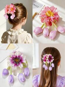 Presilha de cabelo fofa e delicada em formato de tulipa artificial, prendedor de rabo de cavalo com flor artificial, resistente e adequada para cabelos grossos, acessório de cabelo moderno para adolescentes. - Multicolorido - Ver 5