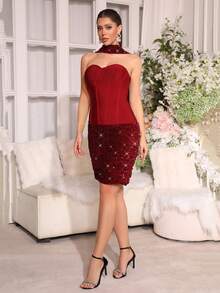 Nouvelle robe mini moulante sexy à plis et paillettes, style européen et américain. Sans bretelles, convient pour les invités de mariage, les fêtes de vacances et les dîners de gala pour femmes. - Rouge foncé - Voir 7