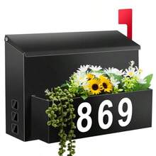 Wall-Mount Mailbox With Flag Large Capacity Mailboxes For Outside House With Planter And 3 Sets Of 0-9 Mailbox Number Stickers Gaanized Steel Rust-Proof Post Box Metal Mail Box Black - Black - View 1