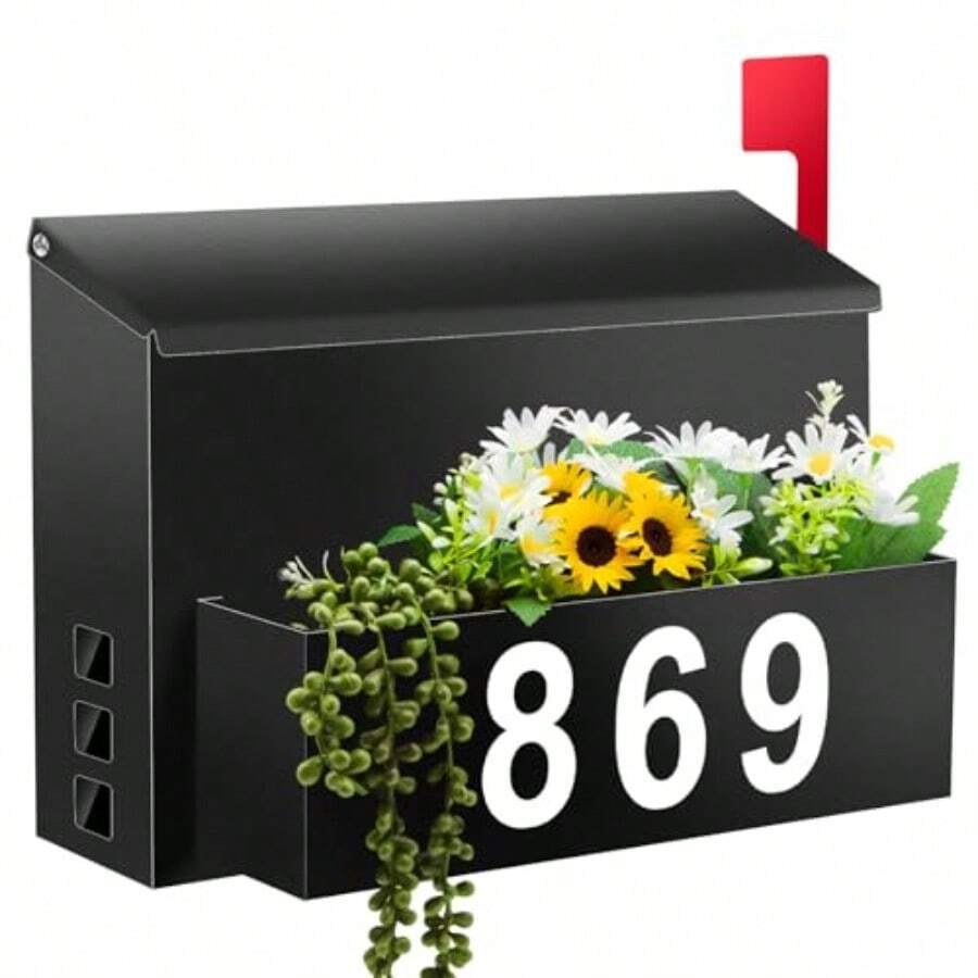 Wall-Mount Mailbox With Flag Large Capacity Mailboxes For Outside House With Planter And 3 Sets Of 0-9 Mailbox Number Stickers Gaanized Steel Rust-Proof Post Box Metal Mail Box Black - Black - View 1