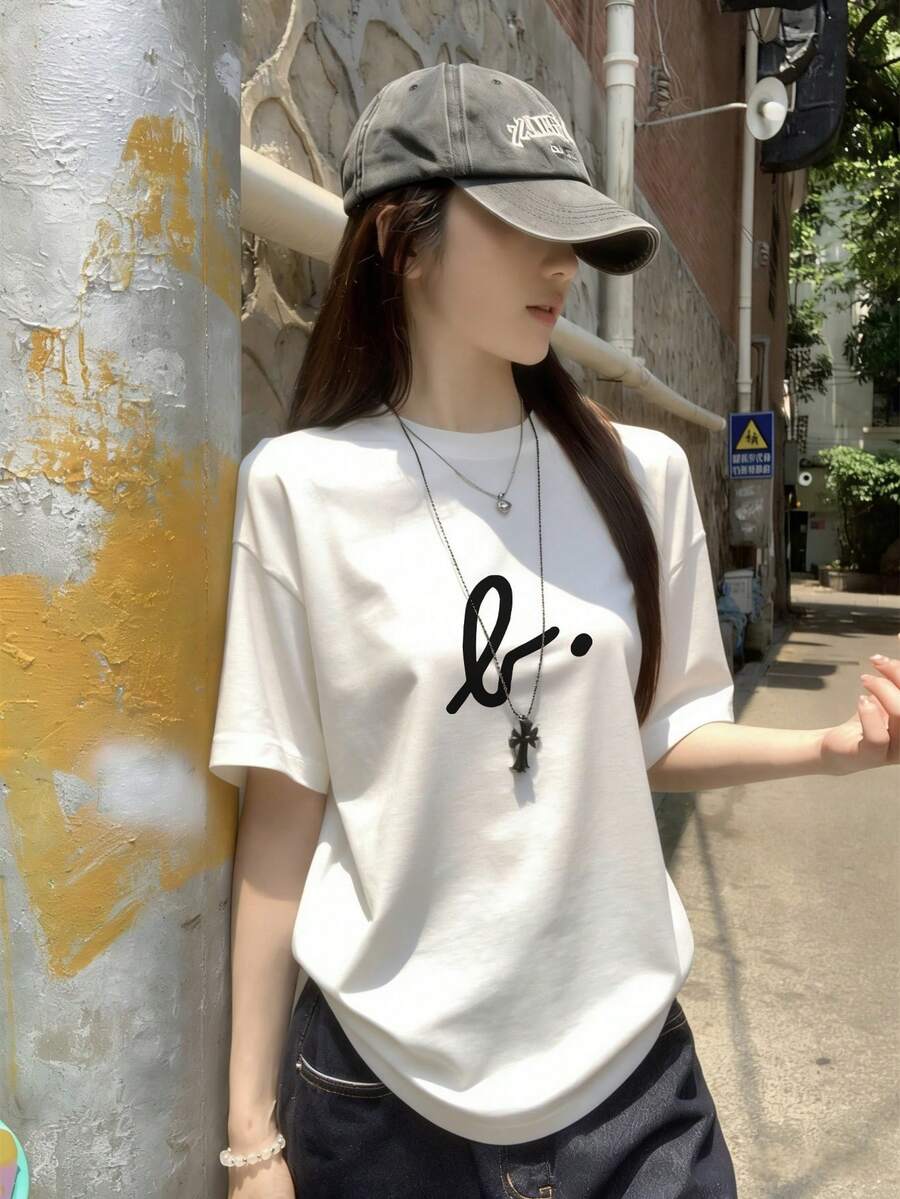 新款夏季 Z 世代 Y2K 风格女式极简日系文字印花圆领短袖 T 恤 休闲白色 - 白色 - 查看 1