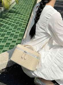 1pc Spring/Summer New PU Leather Woven Texture Square Handbag, Woven Design Dual-Zipper Closure, Fashion Minimalist Elegant Versatile Box Bag Suitable For Commuting, Office, Dating, Daily, Shopping - White - View 5