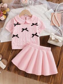 Girls' Fashion Top + Skirt Set, Elastic Waist, Cute Peter Pan Collar Blouse, Breathable For Summer Outings - Pink - View 2
