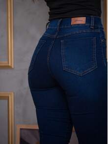 Calça Jeans Feminina Sawary Cintura Alta Flare Boca Sino Boot Cut Confortável Lycra Elastano Stetrch - Azul Marinho - Visão 6