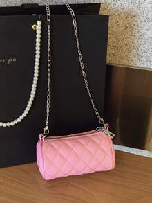 1pc Girls' PU Rhombus Embroidery Crossbody Bag, Fashion Versatile Mini Cylinder Bag, Luxury Niche Shoulder Bag, Zipper Closure, Suitable For Outing, Daily Outfit, Party, Travel, Birthday & Holiday Gift - A - View 3